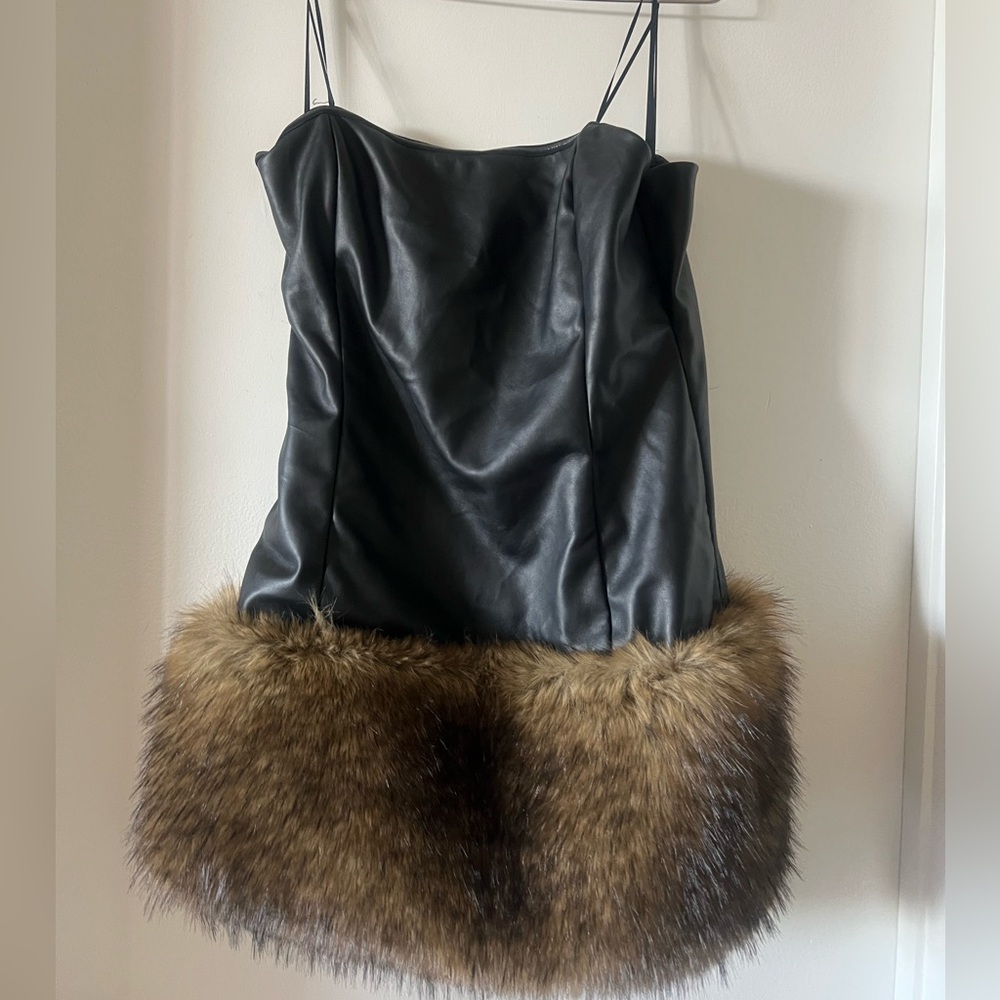 AKIRA Black Faux Leather Dress with Brown Fur Accent